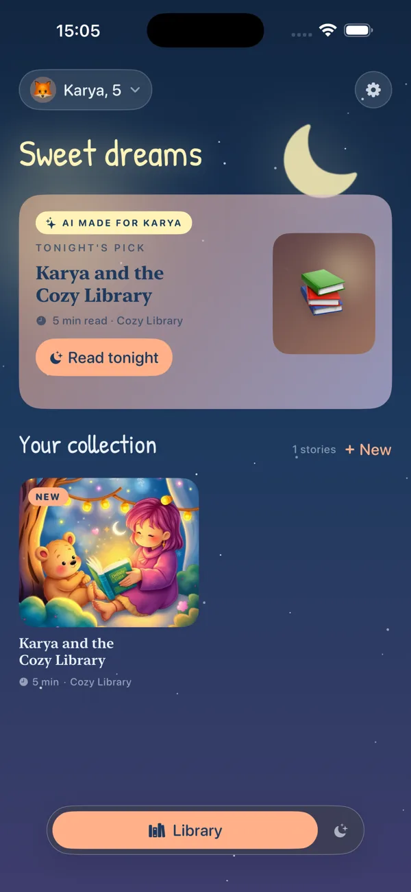 Bedtime Tales story library filled with personalized watercolor bedtime stories