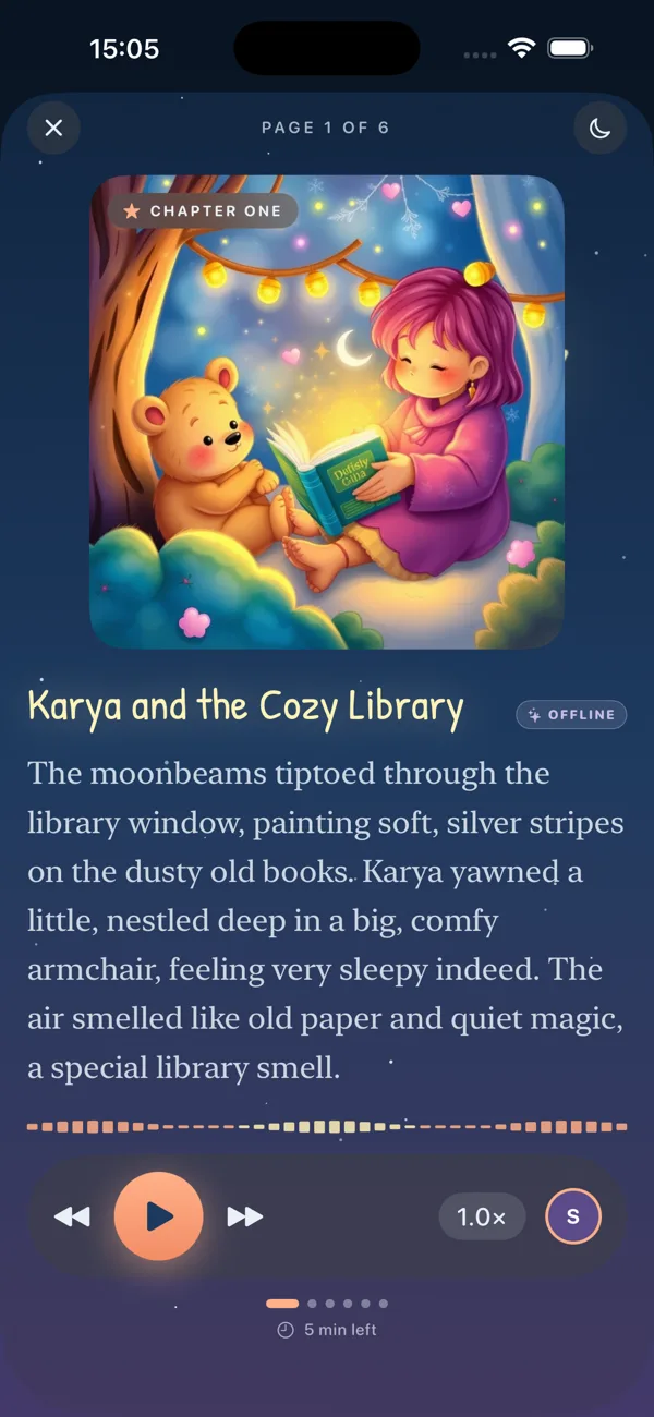 Story reader page with calm narration and a dreamy watercolor illustration