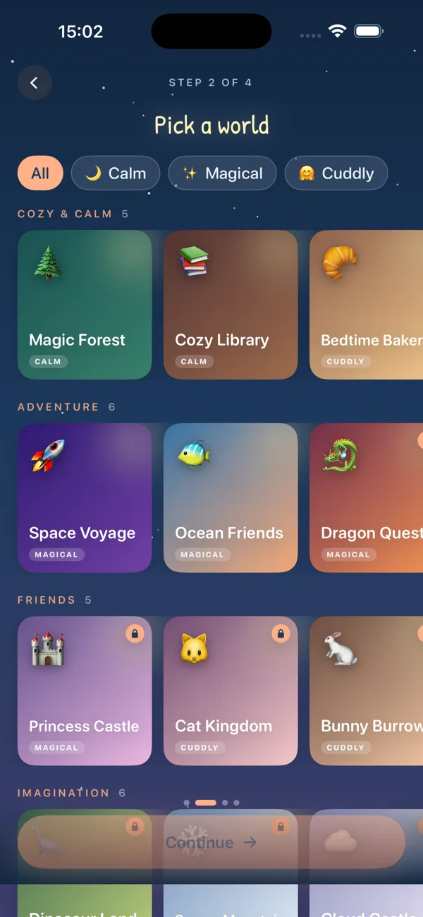 Choosing tonight's story world from dreamy watercolor themes